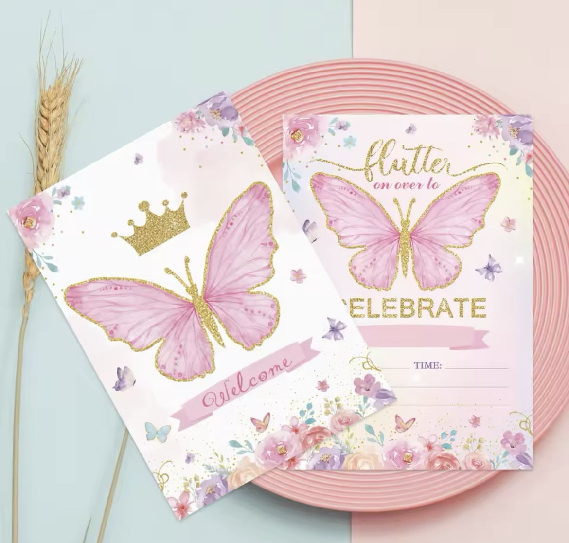 Uitnodiging kinderfeestje Butterfly 12PC