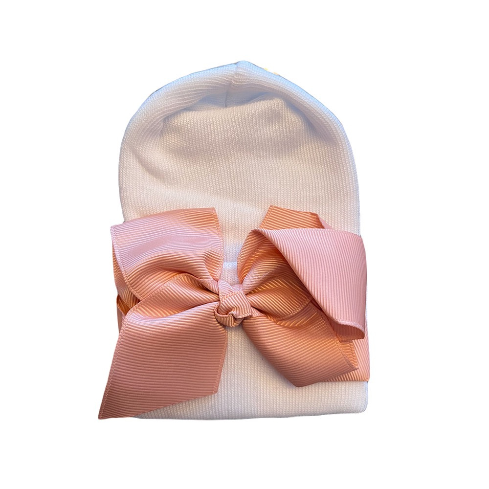Newborn hat white with old pink ribbon bow extra warm