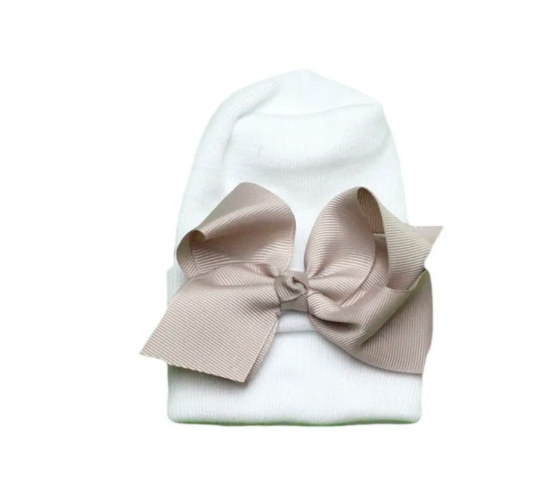 Newborn hat white with taupe colored ribbon bow extra warm