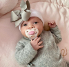 Newborn hat white with gray bow of extra warm ribbon