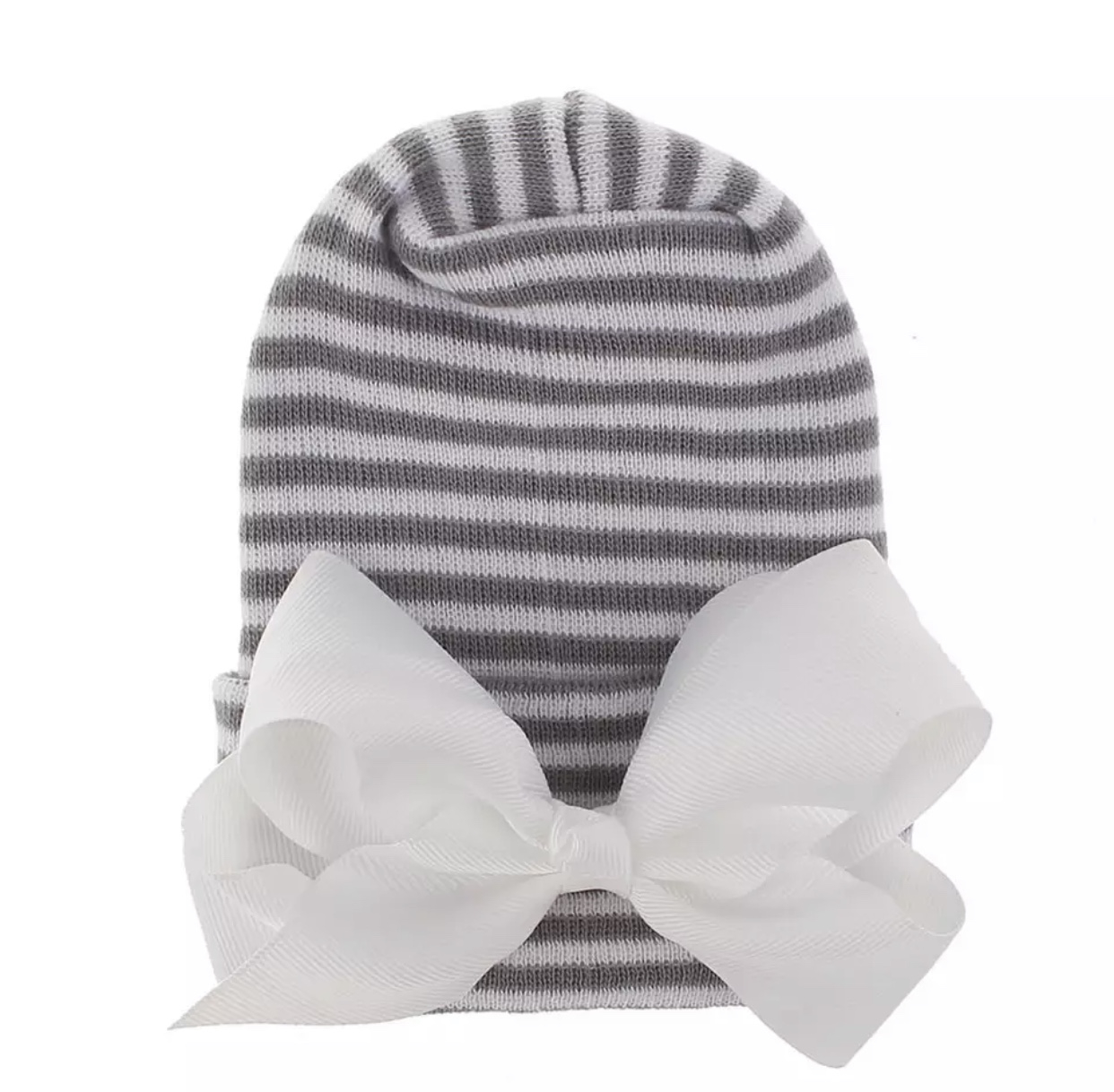 Newborn hat gray white with white ribbon bow extra warm