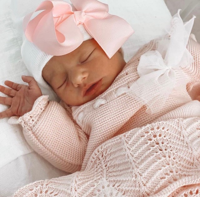 Newborn hat white with pink ribbon extra warm