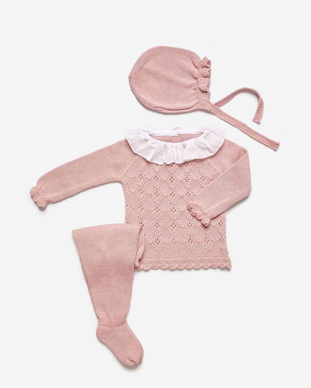 Powder pink knit baby outfit